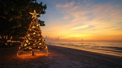 Illuminated Christmas tree on a tropical beach at sunset