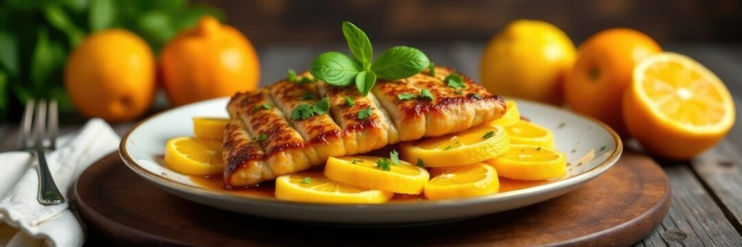 Comida para presentar en una mesa con naranjas y manzanas, aceites,