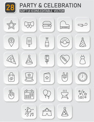 Collection of Outline Vector Icons Representing Party and Celebration Elements