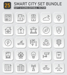 Collection of 25 Neumorphism style Smart City technology vector icon set bundle