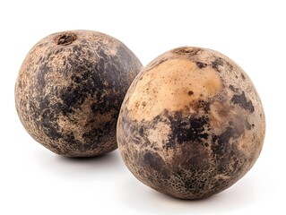 Fototapeta premium Two dark brown mottled potatoes with blemishes sit closely together on a pure white background.
