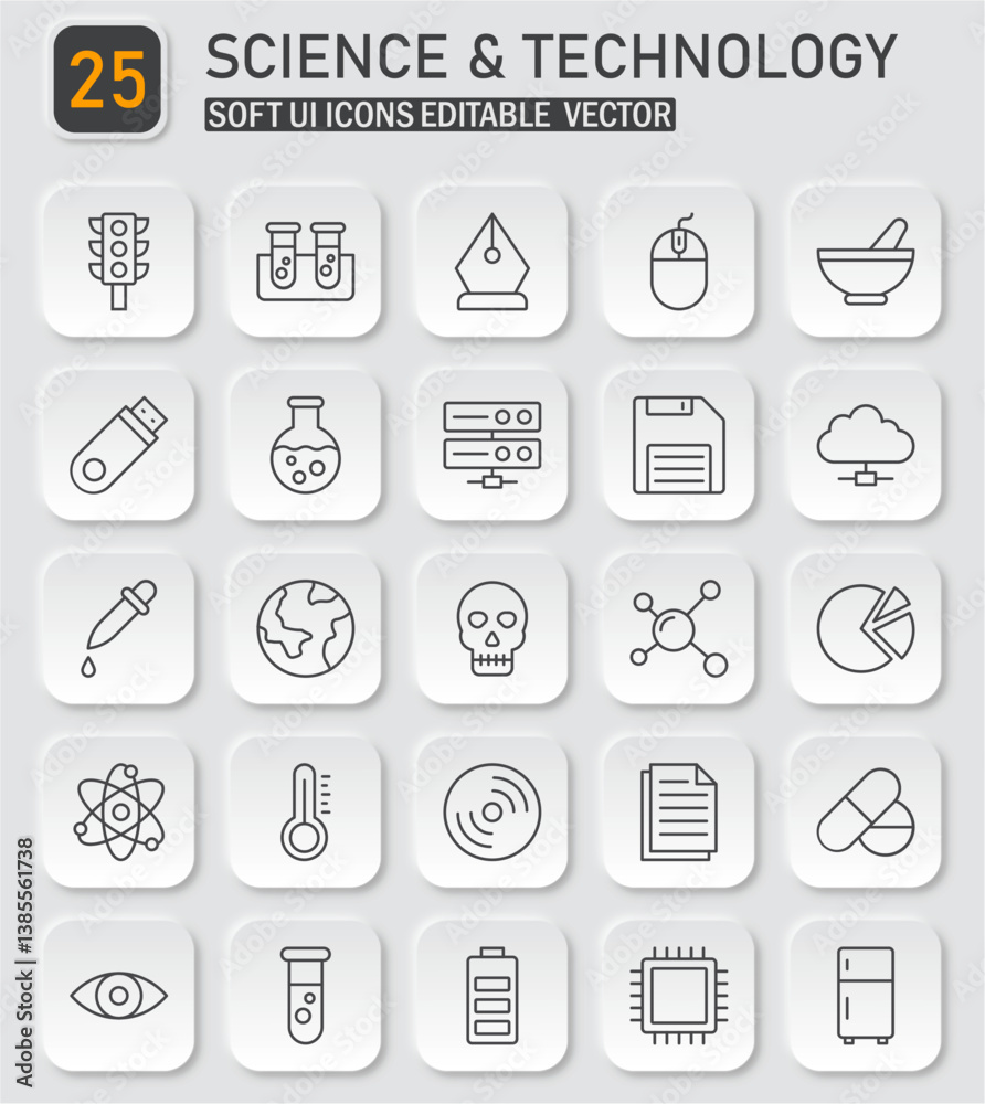 Poster essential science and technology line icons set for user interface design project