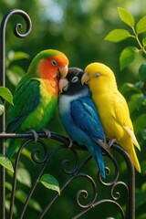 Fototapeta premium Lovebirds Grooming Each Other on Elegant Iron Trellis with Leaves