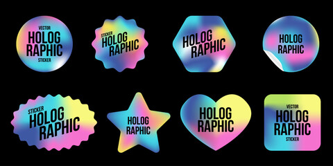 Vector holographic stickers. Hologram labels of different shapes including heart, star, circle, square, oval. Sticker shapes for design mockups.