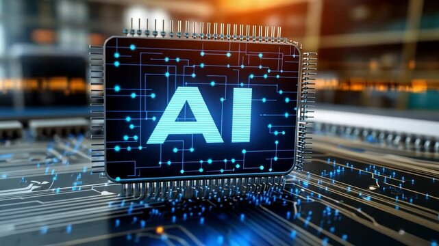 AI Chip: A close-up shot of a modern AI microchip. The central focus is on the bold AI letters set against a circuit board, vividly showcasing the digital core of artificial intelligence.