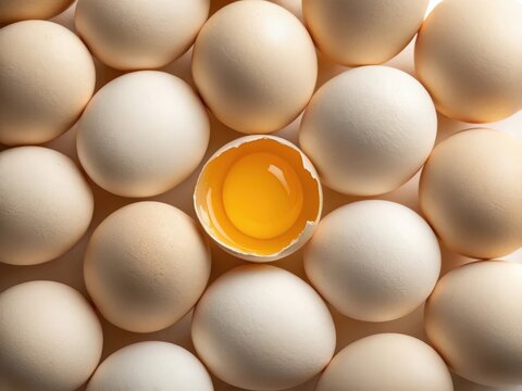 A collection of eggs arranged in a grid pattern, with one egg cracked open in the center, revealing its yolk. The eggs are light brown and uniformly sized. The background is white, creating a clean an