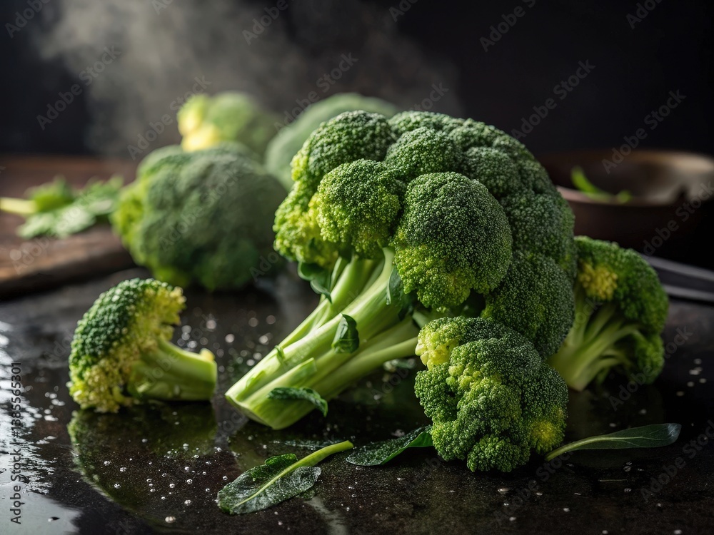 Poster fresh broccoli florets are arranged on a dark, textured surface, with some smaller pieces scattered 