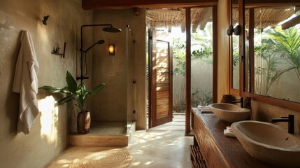 Luxurious outdoor bathroom with stone sinks, wooden vanity, and open-air shower.