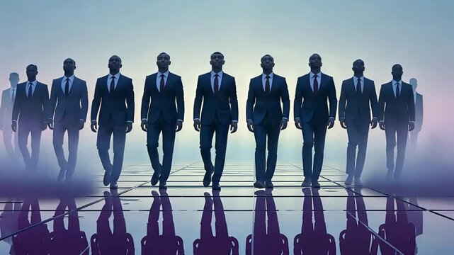 Multiple identical men in formal suits confidently walking in formation across a glossy surface in a futuristic, foggy digital environment

