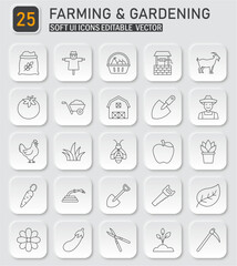 Essential farming and gardening icons collection with modern soft ui design style