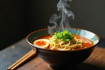 Steaming bowl of ramen, chopsticks, spring onions, asian, soup