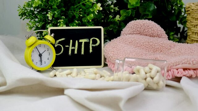 5-HTP sleep supplement capsules. Selective Focus.