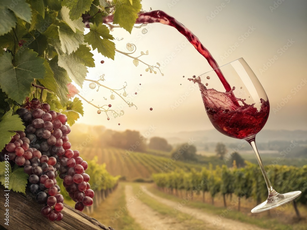 Poster a glass of red wine being poured from a bottle into a large mushroom cloud rising over a field at su