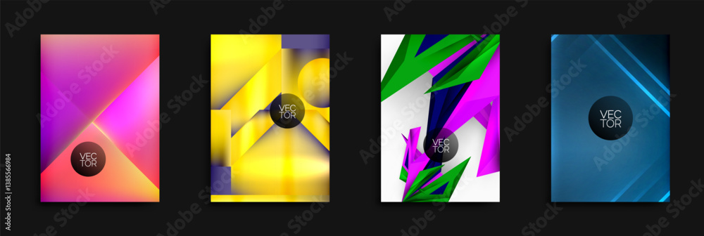 Poster Four vibrant abstract backgrounds. Geometric shapes, bright colors, dynamic compositions. Modern design elements, gradients, vector illustrations. Stylish visuals for digital projects.