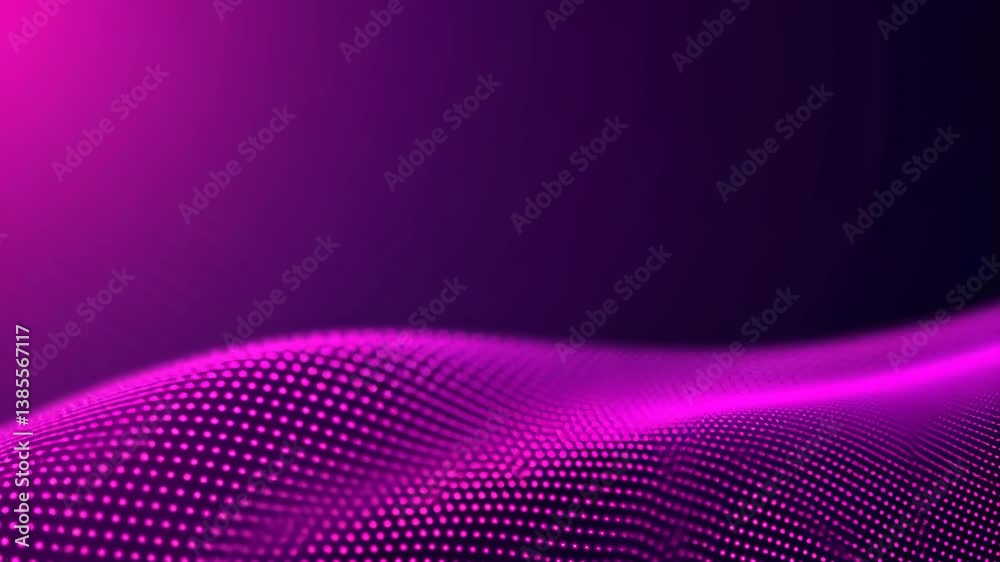 Poster abstract pink particle wave: digital data stream visualization on deep purple background