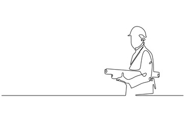 Continuous one line drawing of male architect holding blueprint paper. Single line drawing illustration of man construction worker. Work profession concept vector art. Doodle line illustration.