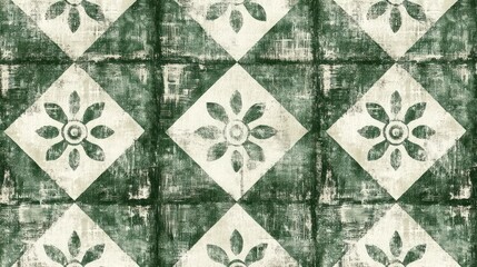 Distressed green and beige diamond tile pattern with floral motifs.