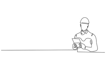 Continuous one line drawing of male architect holding blueprint paper. Single line drawing illustration of man construction worker. Work profession concept vector art. Doodle line illustration.