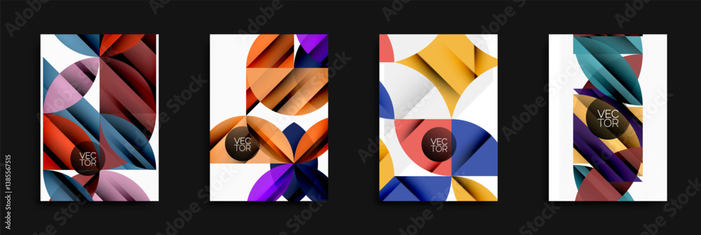 Aufkleber four abstract geometric designs. each features overlapping shapes, vibrant colors, gradients, plus v