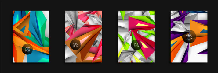 Four vibrant abstract designs. Geometric shapes overlap, creating dynamic compositions. Bright colors dominate each panel, offering modern aesthetic appeal. Vector graphics suggest digital creation.