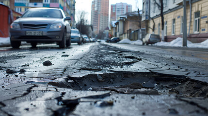 Damaged Road Surface: A Close-Up View of Potholes and Asphalt Degradation