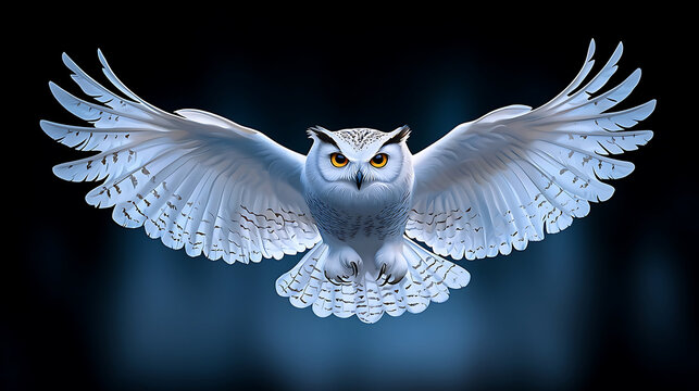 majestic owl flight, showcasing its detailed feathers and striking yellow eyes against dark background, evokes sense of wonder