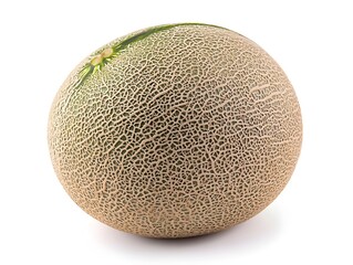 A perfectly ripe cantaloupe melon sits on a white background showcasing its detailed tan skin and subtle netting texture.