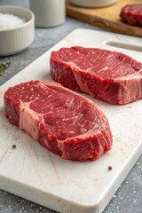 Fototapeta premium Freshly Cut Steaks on a Marble Cutting Board in Kitchen Generative AI