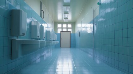 Fototapeta premium Long, empty hallway with light blue tiled walls and urinals.