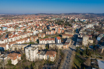 Fototapeta premium Lazarevac aerial drone view of town in Serbia