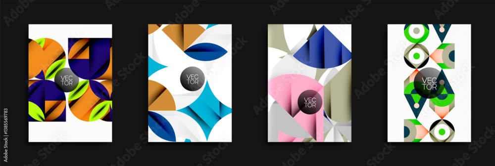 Poster four abstract vector designs. each features geometric shapes, vibrant colors, circular elements with