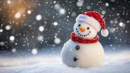 Fototapeta premium A classic snowman wearing a Santa hat, surrounded by falling snow.
