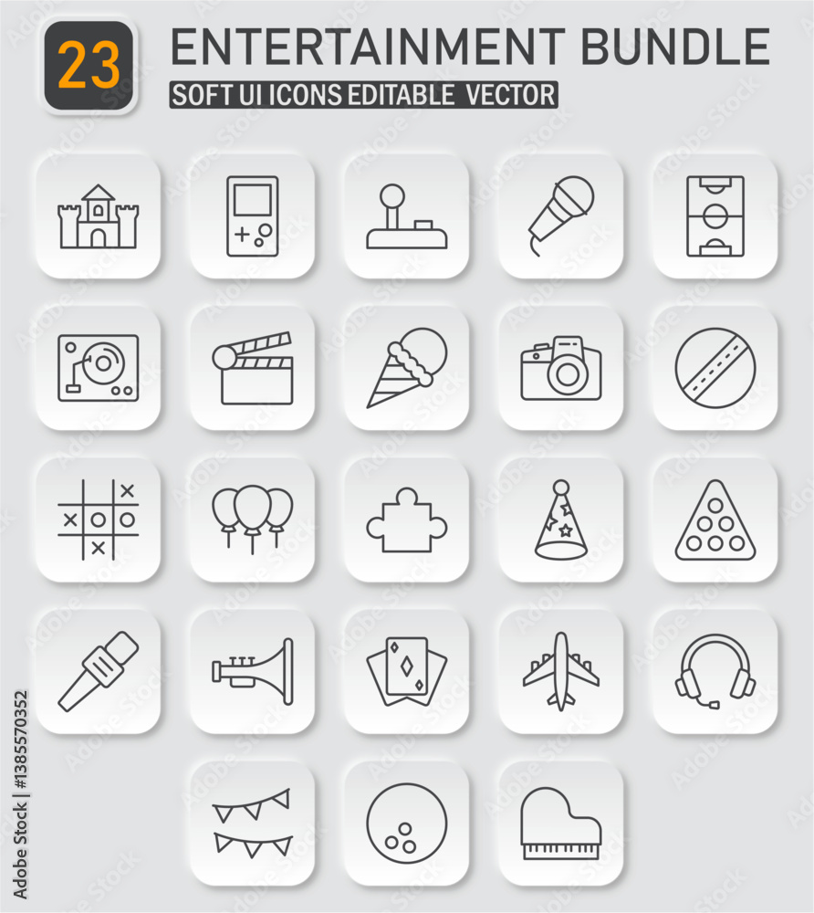 Poster entertainment bundle soft ui icons collection vector design elements neumorphism