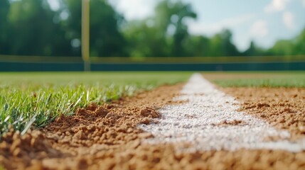 Baseball field perspective with dusty infield line
