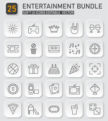 Diverse entertainment icons bundle in neumorphic style for creative projects