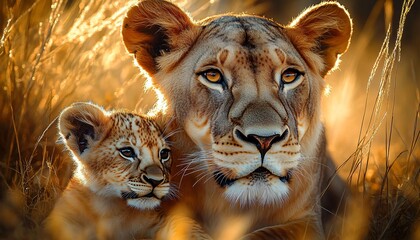 Close-up of a lioness and her cub in golden grass, perfect for wildlife documentaries, nature-themed events, or animal conservation campaigns.