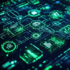 A green screen with many different icons and shapes. Concept of technology and innovation, with the various shapes and colors representing different aspects of modern life. Scene is one of excitement