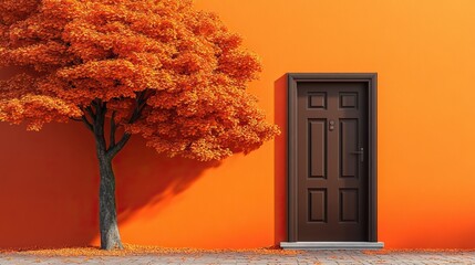 Autumn arrives. A brown door invites you under an orange tree. Fall scene on an orange background with copy space.