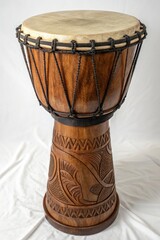 Beautiful Carved Drum Standing on a White Surface Generative AI