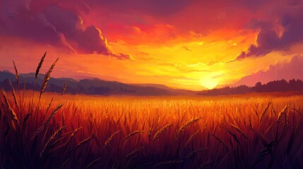 Vibrant sunset over a golden field of wheat.