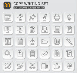 Collection of thirty soft user interface icons for copy writing tools and supplies