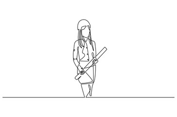 Obraz premium Continuous one line drawing of female architect holding blueprint paper. Single line drawing illustration of woman construction worker. Work profession concept vector art. Doodle line illustration.