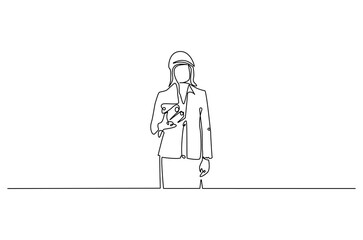 Continuous one line drawing of female architect holding blueprint paper. Single line drawing illustration of woman construction worker. Work profession concept vector art. Doodle line illustration.