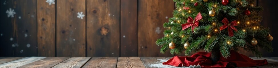 A beautifully decorated Christmas tree standing on a wooden table in front of a rustic wooden wall with snowflakes and holly, Winter wonderland, Holiday home