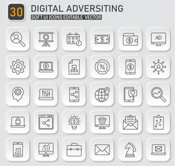 Set of digital advertising icons in soft UI style for marketing campaigns
