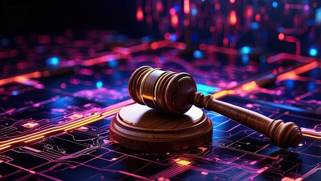 A judge's gavel is placed on a digitally rendered surface with glowing circuitry and binary code