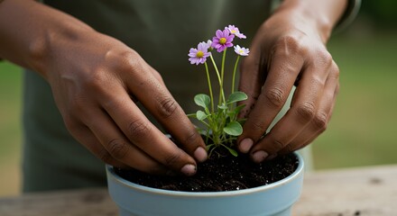 Person planting flowers in a blue pot, gardening and nurturing new life outdoors