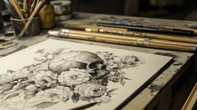 Close-up of a skull and roses drawing on an artist's desk, surrounded by pencils and art supplies.