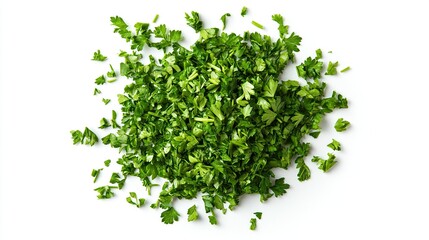 Chopped dry parsley leaves, pile isolated on white background, top view isolated on white background,. Created using Generative AI Technology
