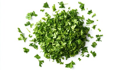Obraz premium Chopped dry parsley leaves, pile isolated on white background, top view isolated on white background,. Created using Generative AI Technology